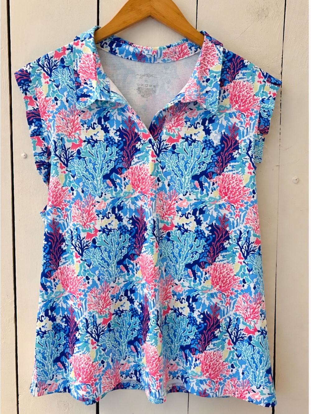 Gottex Coral Print Sleeveless Collared Polo Top XL NWOT